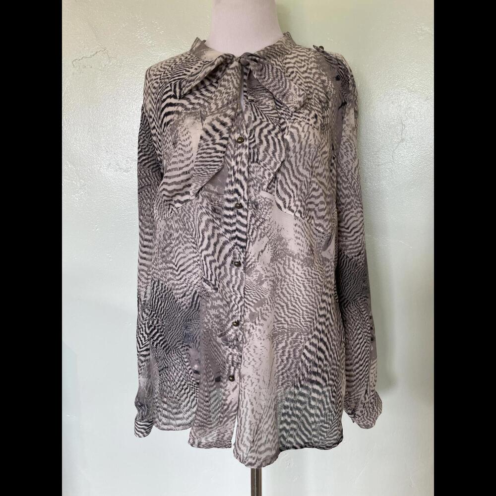 Ann Taylor LOFT Abstract Animal Print Gray Tie Neck Blouse Large L 17-0093